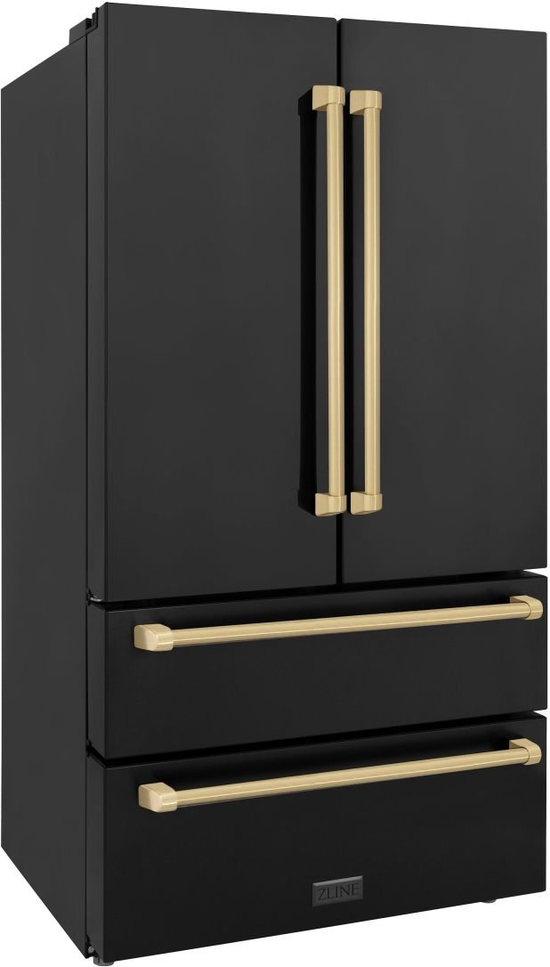ZLINE Autograph Edition 36" 22.5 Cu. Ft. Fingerprint Resistant Black Stainless Steel Counter Depth French Door Refrigerator with Ice Maker and Champagne Bronze Traditional Handles-3