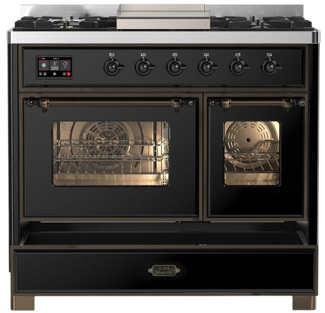 Ilve® Majestic III 40" Glossy Black Pro Style Dual Fuel Natural Gas Range with Triple Glass Door and Burnished Trim-2
