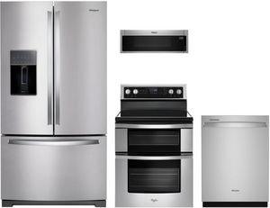 Front view of the Whirlpool® 4 Piece Stainless Steel Kitchen Package