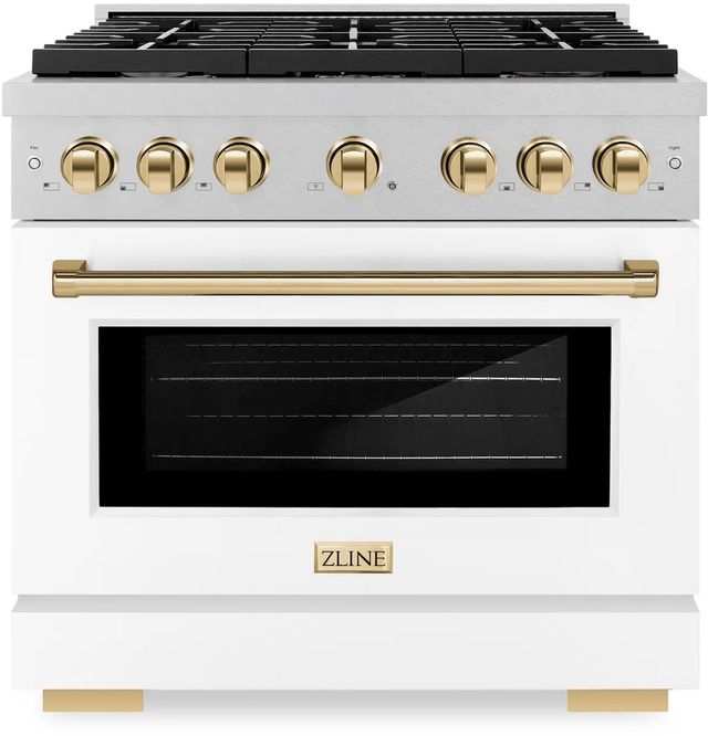 ZLINE Autograph Edition Paramount 36" Satin Stainless Steel Pro Style Dual Fuel Range with White Matte Door and Polished Gold Accents-0