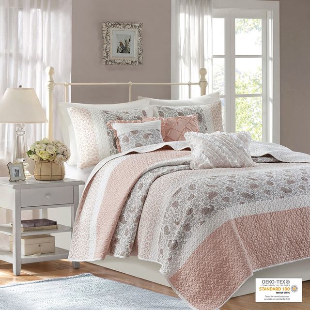 Olliix by Madison Park 6 Piece Blush Full/Queen Dawn Cotton Percale Reversible Coverlet Set-2