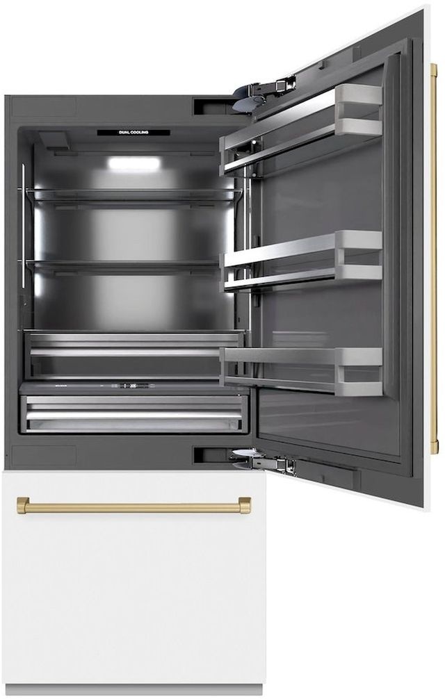 ZLINE Autograph Edition 36" 19.8 Cu. Ft. White Matte Built-In Bottom Freezer Refrigerator with Water Dispenser, Ice Maker, Graphite Gray Interior, and Champagne Bronze Accents-3