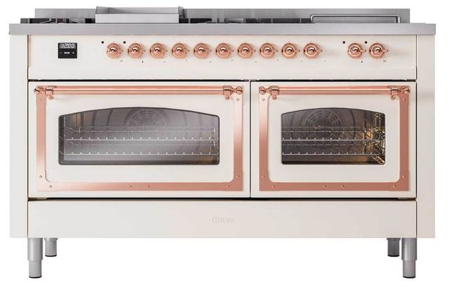 Ilve® Nostalgie II Noblesse 60'' Antique White Pro Style Dual Fuel Range with Copper Trim-1