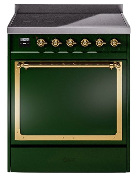 Ilve® Nostalgie II Noblesse 30'' Emerald Green Pro Style Induction Range with Brass Trim-0