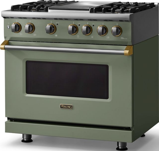 Viking® 5 Series 36" Eucalyptus Pro Style Dual Fuel (NG) Range with Brushed Brass Trim-3