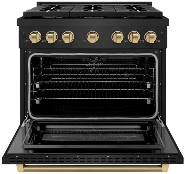 ZLINE Autograph Edition Paramount 36" 5.2 cu. ft. Black Stainless Steel with Polished Gold Helix Handle and Knob Accents Dual Fuel Range with 6 Burner Gas Cooktop and Electric Convection Oven-2
