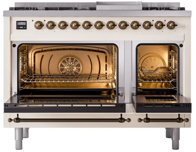 Ilve® Nostalgie II Noblesse 48'' Antique White Pro Style Dual Fuel Range with Burnished Trim-1