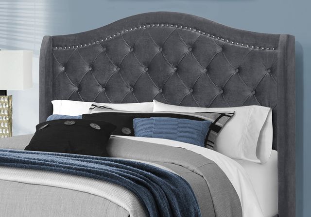 Monarch Specialties Inc. Dark Grey Linen with Chrome Trim Queen Bed-2