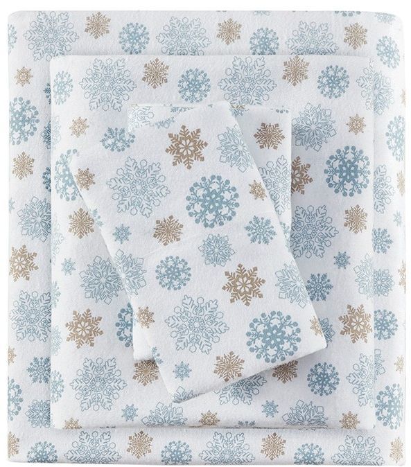 Olliix by True North by Sleep Philosophy Tan/Blue Snowflakes Twin Cozy Flannel 100% Cotton Flannel Printed Sheet Set-0