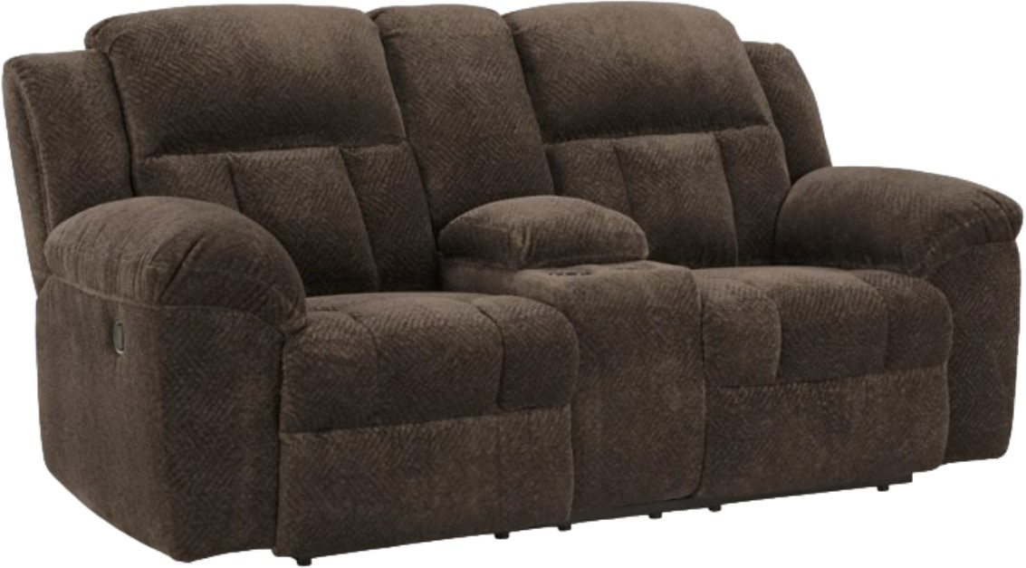 Signature Design by Ashley Frohn Chocolate Reclining Loveseat with Console SmartHome Furnishings Sales Lease to Own Essex Junction VT