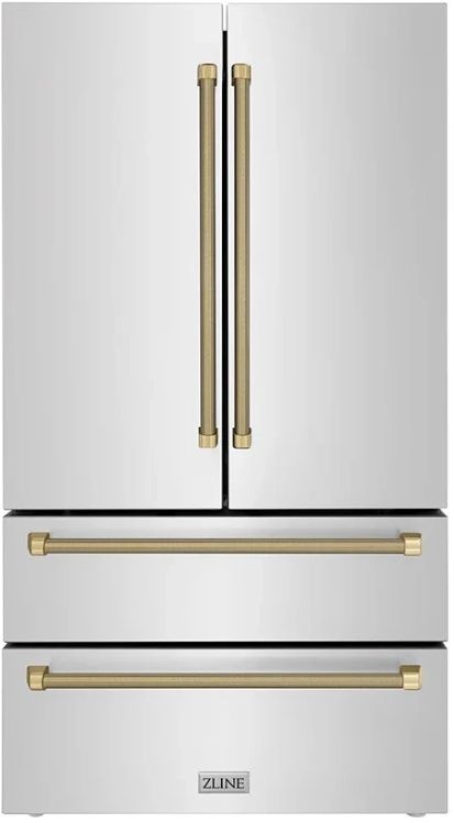 ZLINE Autograph Edition 36" 22.5 Cu. Ft. Fingerprint-Resistant Stainless Steel Counter Depth French Door Refrigerator with Ice Maker and Champagne Bronze Helix Handles-0