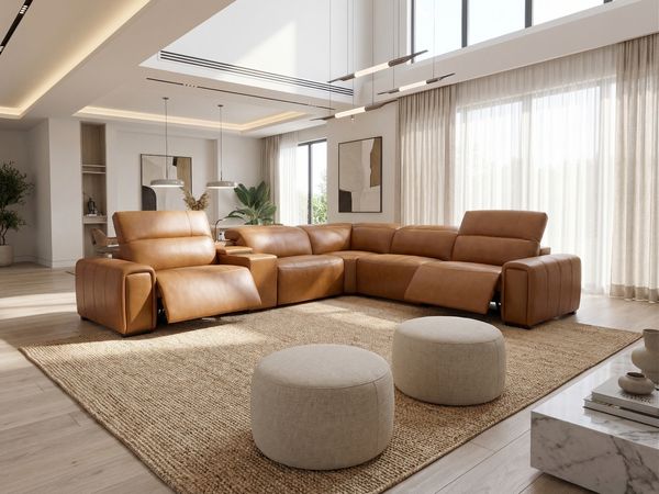 Brown leather sectional sofa in a modern living room Brown leather sectional sofa in a modern living room