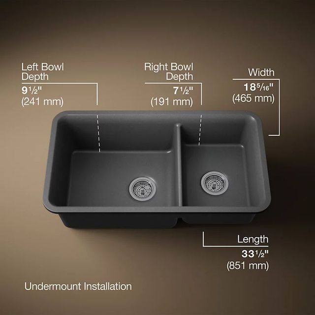 KOHLER® Cairn® Matte Graphite 34" Undermount Double Offset Bowl Kitchen Sink-2
