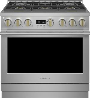 Front view of the Monogram® Statement Collection 36" Stainless Steel Pro Style Dual Fuel Range