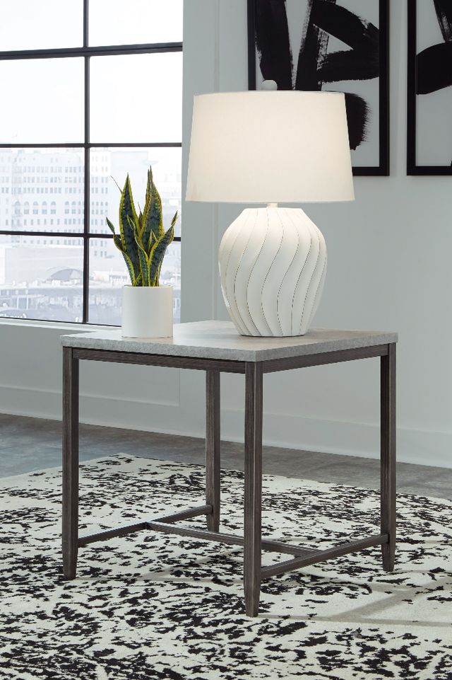 Signature Design by Ashley® Shybourne Light Gray Square End Table with Aged Bronze Base -4