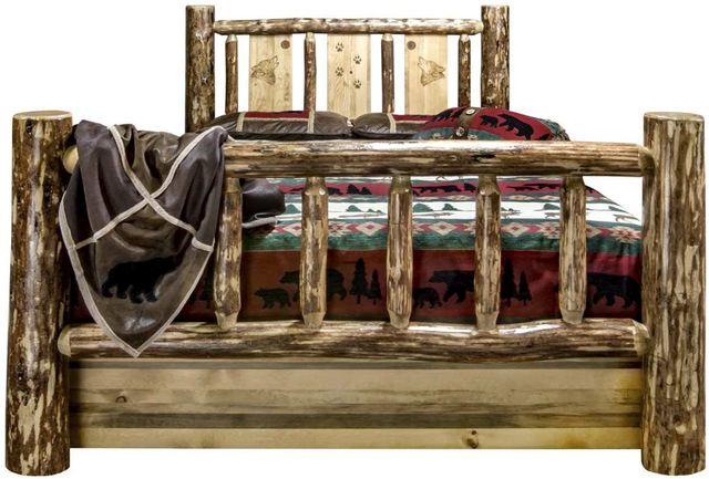 Montana Woodworks® Glacier Country Stain & Clear Lacquer Queen Storage Bed with Laser Engraved Wolf Design-1