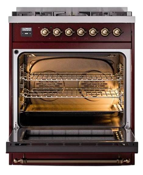 Ilve® Nostalgie II Noblesse 30'' Burgundy Pro Style Dual Fuel Range with Burnished Trim-1