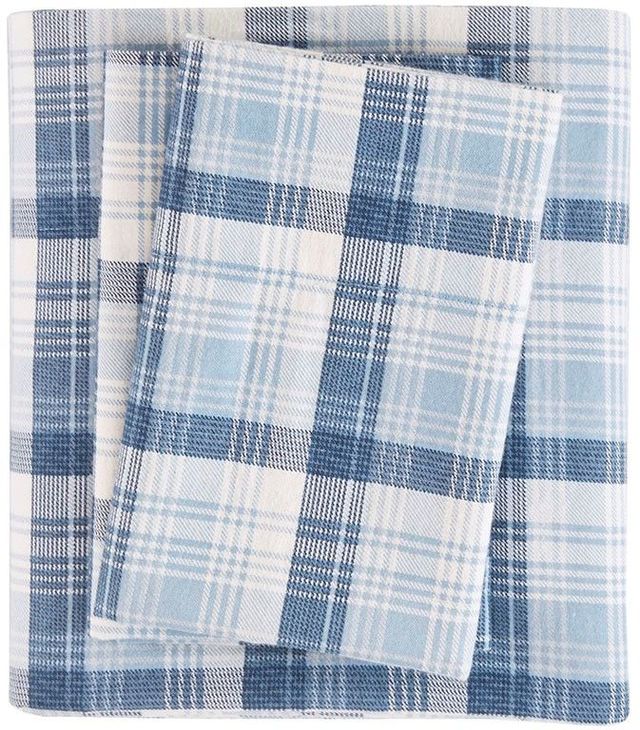 Olliix by Woolrich Blue Plaid King Flannel Cotton Sheet Set-0