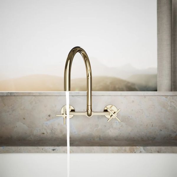 KOHLER® Billet® Vibrant French Gold 12" 2-Hole Wall-Mount Bridge Kitchen Sink Faucet with Cross Handles-2