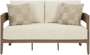 Modern outdoor loveseat with dark brown aluminum frame and white cushions Modern outdoor loveseat with dark brown aluminum frame and white cushions