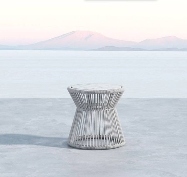 Sunset West Miami White Marble/Natural Fibers Outdoor End Table with Frost Metal Base-1