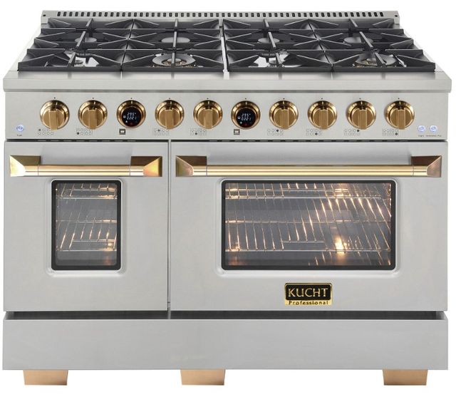 Kucht Professional KX Series 48" Stainless Steel Pro Style Dual Fuel Liquid Propane Gas Range with Gold Accents and Kucht Horus Thermostat-0