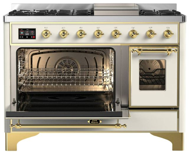 Ilve® Majestic III 48" Antique White Pro Style Dual Fuel Liquid Propane Range with Triple Glass Door and Brass Trim-3
