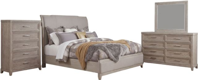 Liberty Furniture Belmar 4-Piece Silver Champagne/Washed Taupe Queen Upholstered Sleigh Bedroom Set with Chest-0