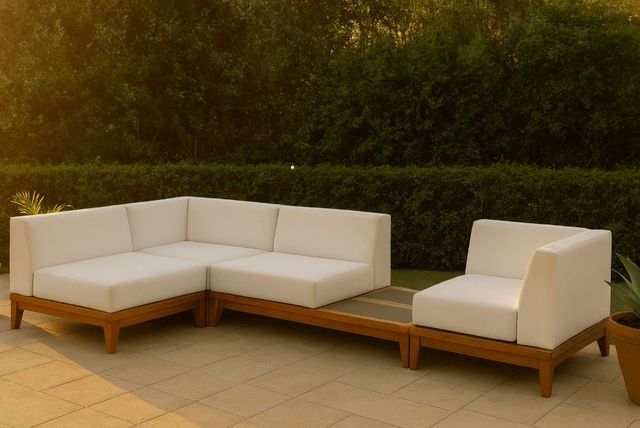 Meridian Furniture Rio 4-Piece Off-White Acacia/Fabric 125" Outdoor Patio Modular Sectional-1