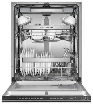 Front view of the opened Fisher & Paykel Series 7 24" Stainless Steel Top Control Built In Dishwasher