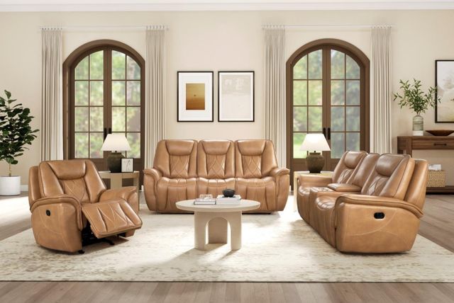 Corinthian Furniture Jordan Camel Reclining Sofa with Drop Down Table-1