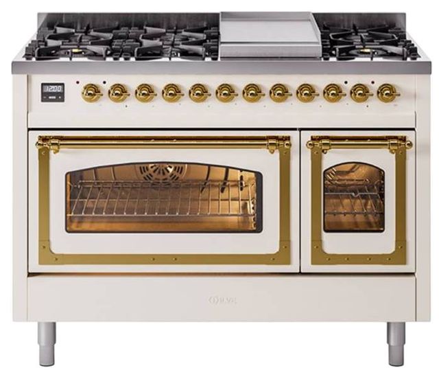 Ilve® Nostalgie II Noblesse 48'' Antique White Pro Style Dual Fuel Range with Brass Trim-0