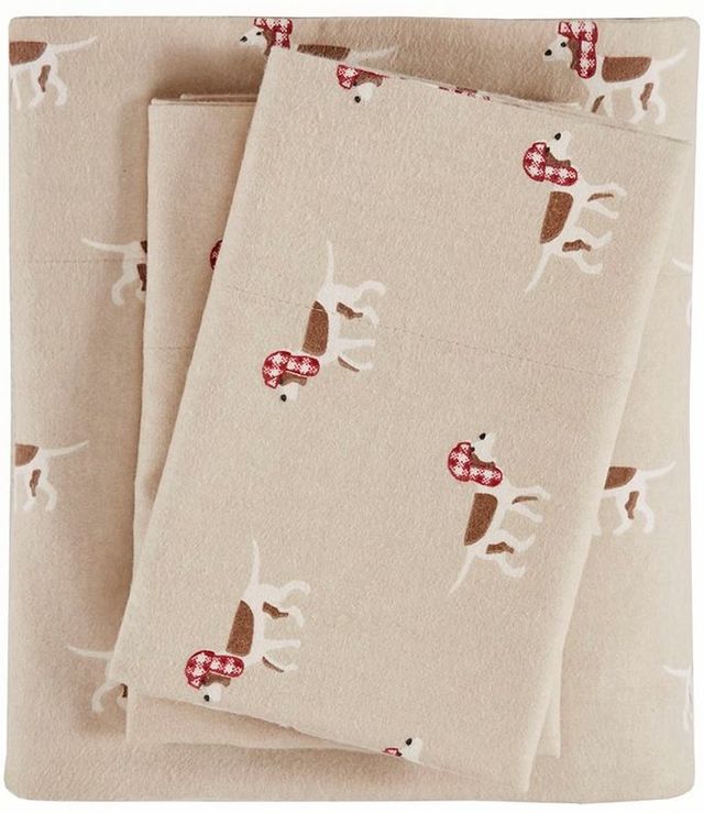 Olliix by Woolrich Tan Dog California King Flannel Cotton Sheet Set-0
