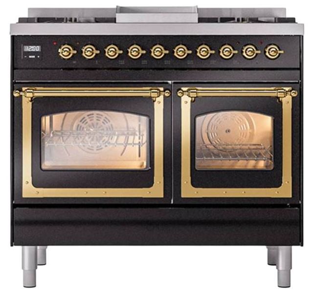 Ilve® Nostalgie II Noblesse 40'' Glossy Black Pro Style Dual Fuel Range with Brass Trim-1