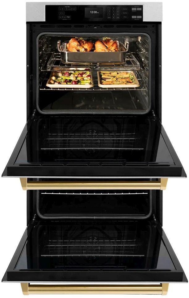 ZLINE Autograph Edition Professional 30" Stainless Steel Double Electric Wall Oven with Polished Gold Accents-1