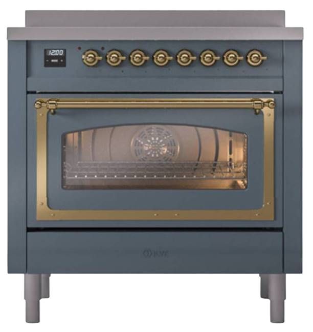 Ilve® Nostalgie II Noblesse 36'' Blue Gray Pro Style Induction Range with Brass Trim-1