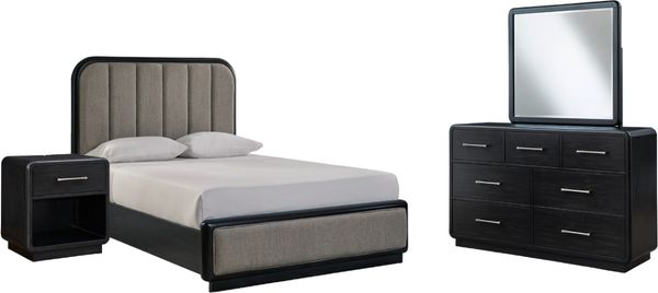 Front view of the Signature Design by Ashley® Rowanbeck 4-Piece Gray/Black Queen Bedroom Set