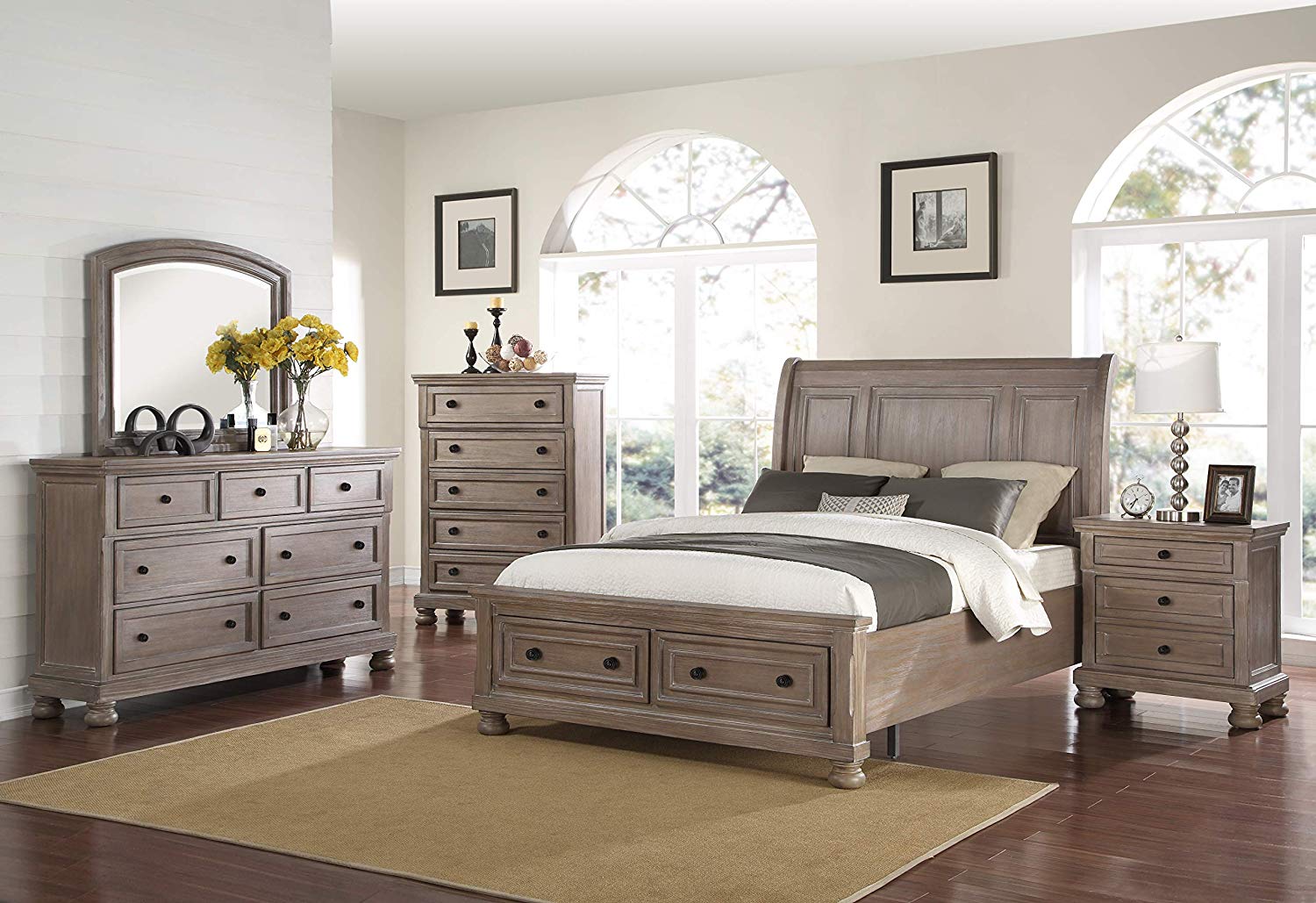 New Classic® Home Furnishings Allegra 5-Piece Pewter Queen Sleigh Storage Bedroom Set with Chest and Nightstand