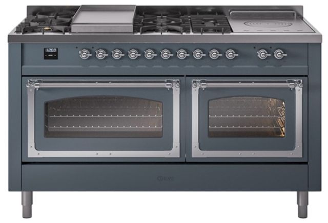 Ilve® Nostalgie II Noblesse 60'' Blue Gray Pro Style Dual Fuel Range with Chrome Trim-0