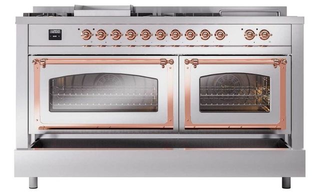 Ilve® Nostalgie II Noblesse 60'' Stainless Steel Pro Style Dual Fuel Range with Copper Trim-3