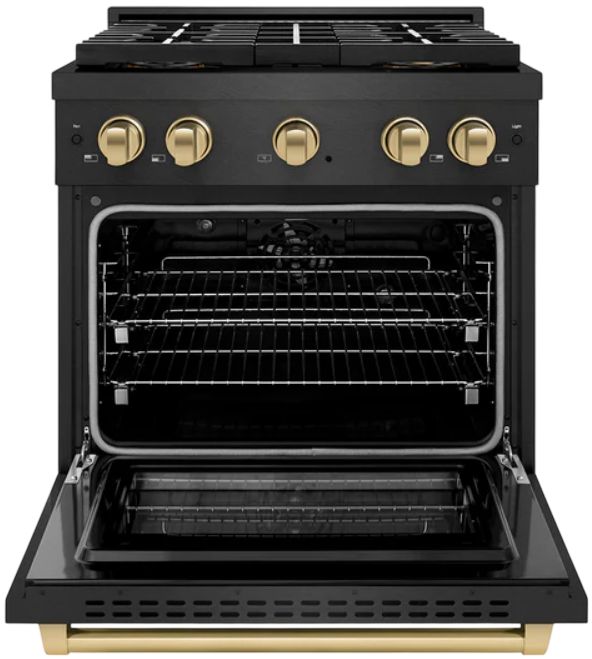 ZLINE Autograph Edition Paramount 30" 4.2 Cu. Ft. Black Satin Stainless Steel Dual Fuel Range with 4 Burner DuoPro™ Cooktop, Electric Convection Oven and Champagne Bronze Accents-1