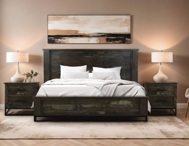 International Furniture Direct Dark Teak Black Queen Panel Bed-1