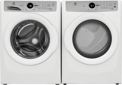 Electrolux® White Front Load Washer & Electric Dryer Laundry Pair Front view of the Electrolux® White Front Load Washer & Electric Dryer Laundry Pair