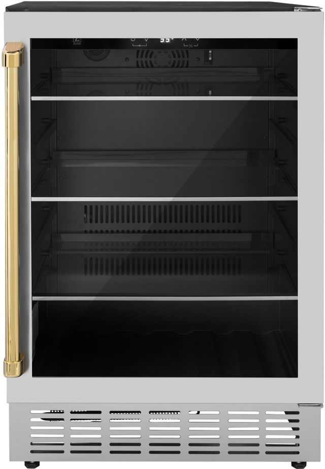 ZLINE Autograph Edition Monument 24" 4.5 Cu. Ft. Stainless Steel Freestanding Beverage Fridge with Polished Gold Accents-0