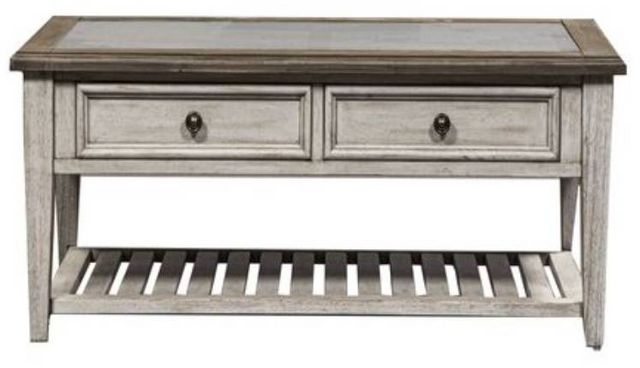 Liberty Furniture Heartland Tobacco Rectangular Ceiling Tile Cocktail Table with Antique White Base