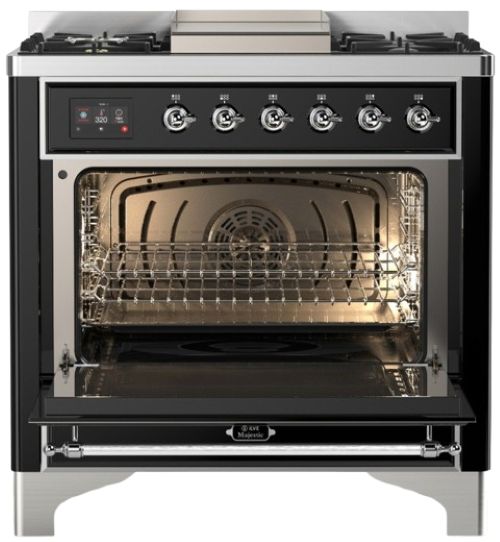Ilve® Majestic III 36" Glossy Black Pro Style Dual Fuel Liquid Propane Range with Solid Door and Chrome Trim-1