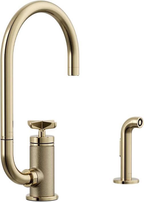 KOHLER® Billet® Vibrant French Gold 16" Single Cross-Handle Bar Sink Faucet with 2-Function Extended-Reach Spout and Side Sprayer-0
