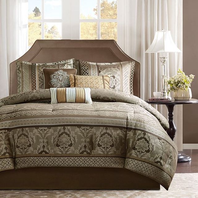 Olliix by Madison Park Brown/Gold Queen Bellagio 7 Piece Jacquard Comforter Set-0