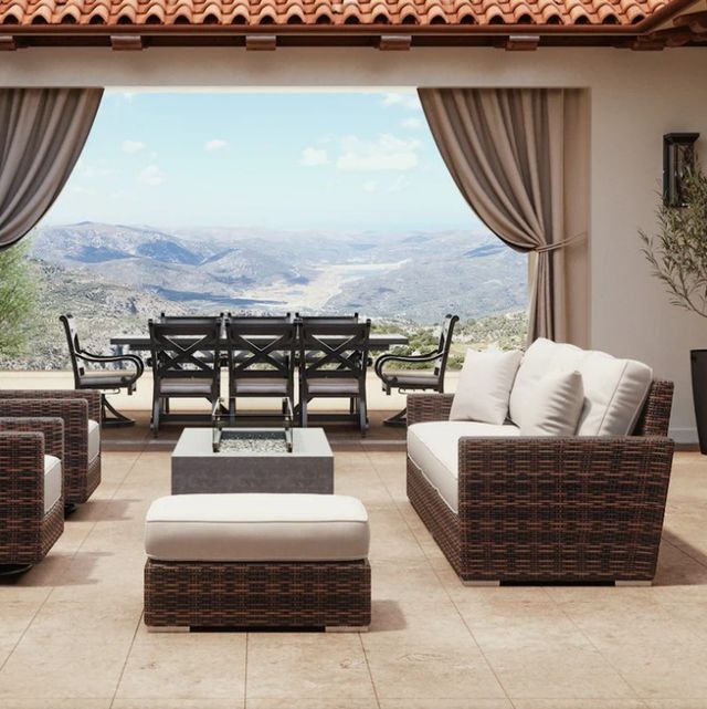 Sunset West Montecito Cognac Resin Wicker Outdoor Loveseat with Canvas Flax Cushion-4