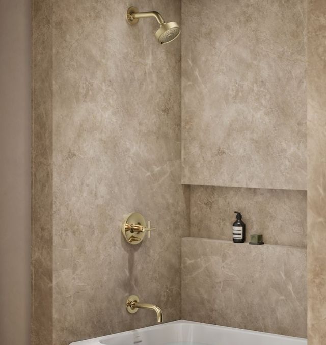 KOHLER® Purist® Rite-Temp® Vibrant French Gold .38" Bath and Shower Trim Kit with Push-Button Diverter and Cross Handle-1